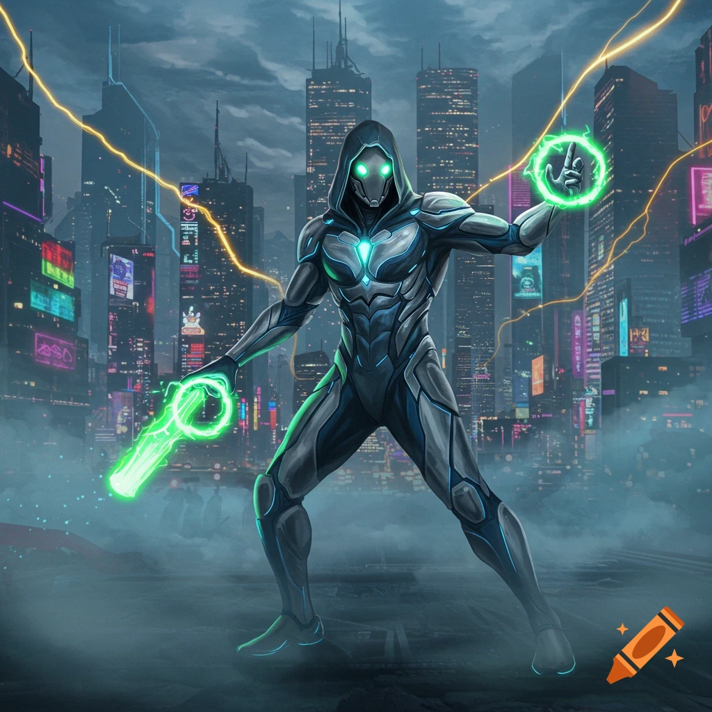 A hooded figure in a futuristic armored suit with glowing green eyes and energy weapons stands in a neon-lit cyberpunk city with lightning.