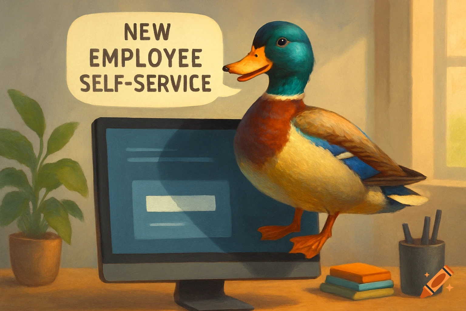 A painted mallard duck stands on a desk beside a computer, with a speech bubble saying 'NEW EMPLOYEE SELF-SERVICE'.