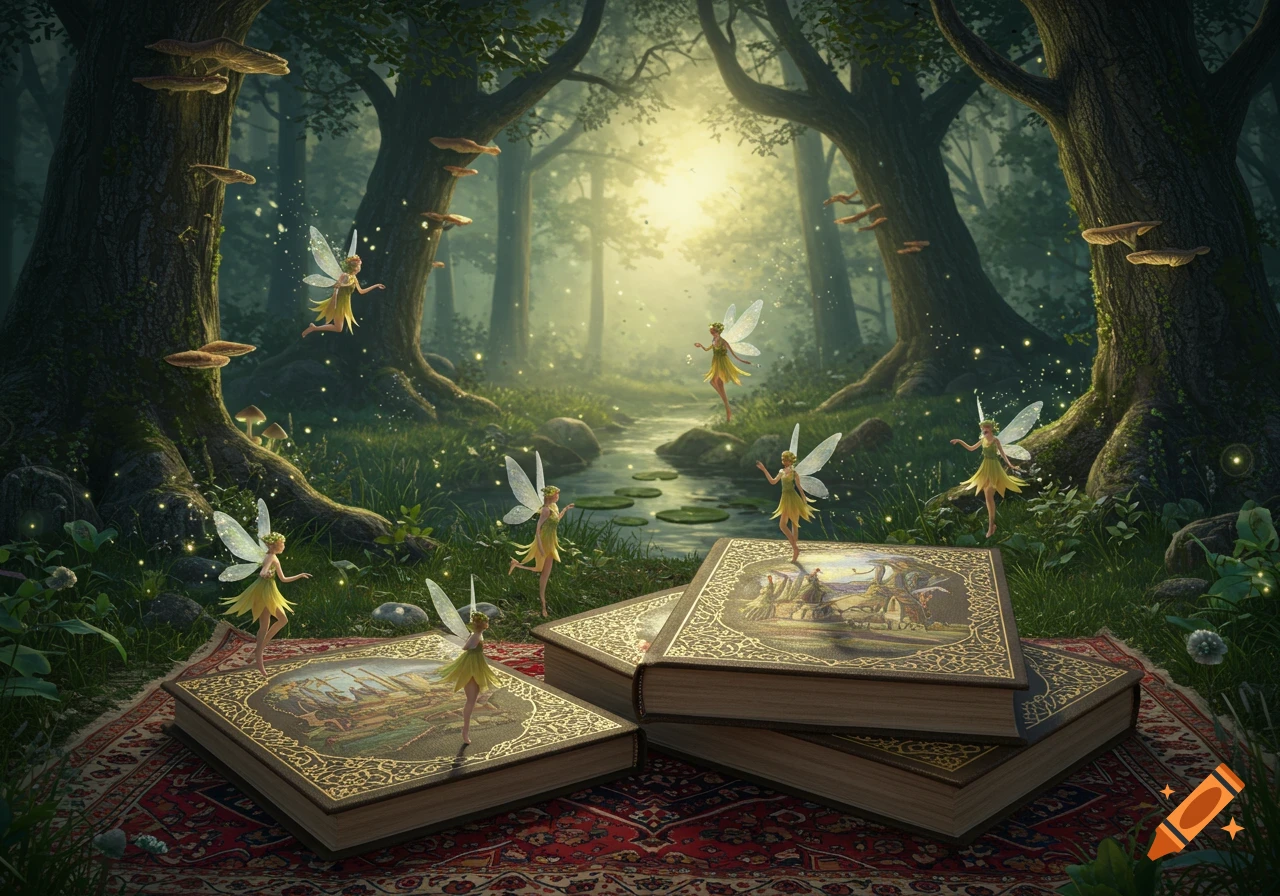 Fairies dance and fly around large, ornate books on a red rug in a magical, sunlit forest with a stream.