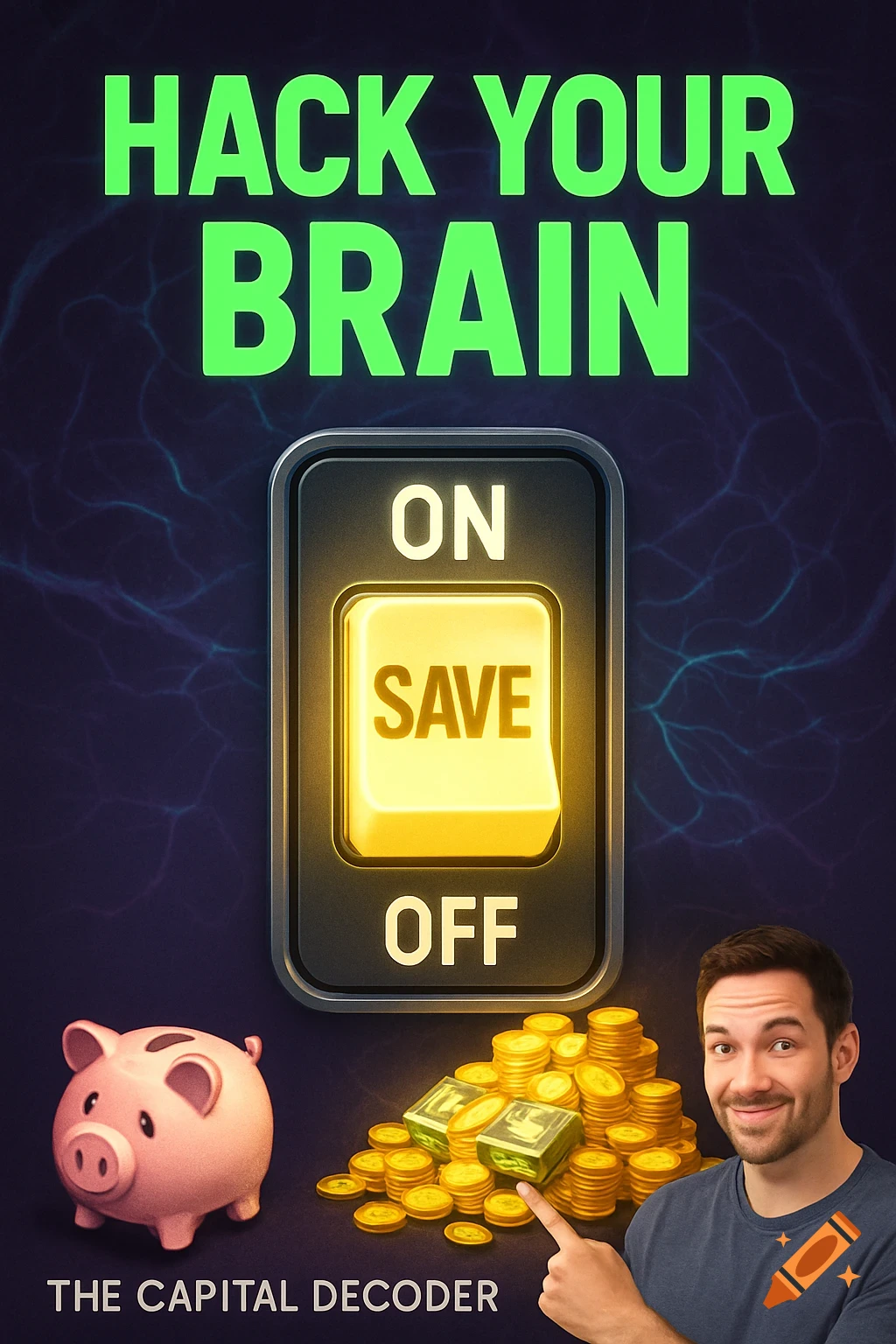 An illustrative image with "HACK YOUR BRAIN" text, an "ON SAVE OFF" switch, a piggy bank, coins, and a man smiling and pointing.