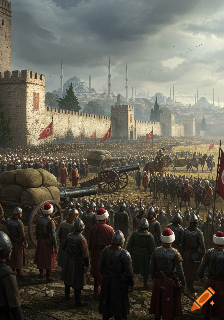 A vast Ottoman army with cannons and wagons gathers before the high walls of a grand city featuring mosques and minarets under a cloudy sky.