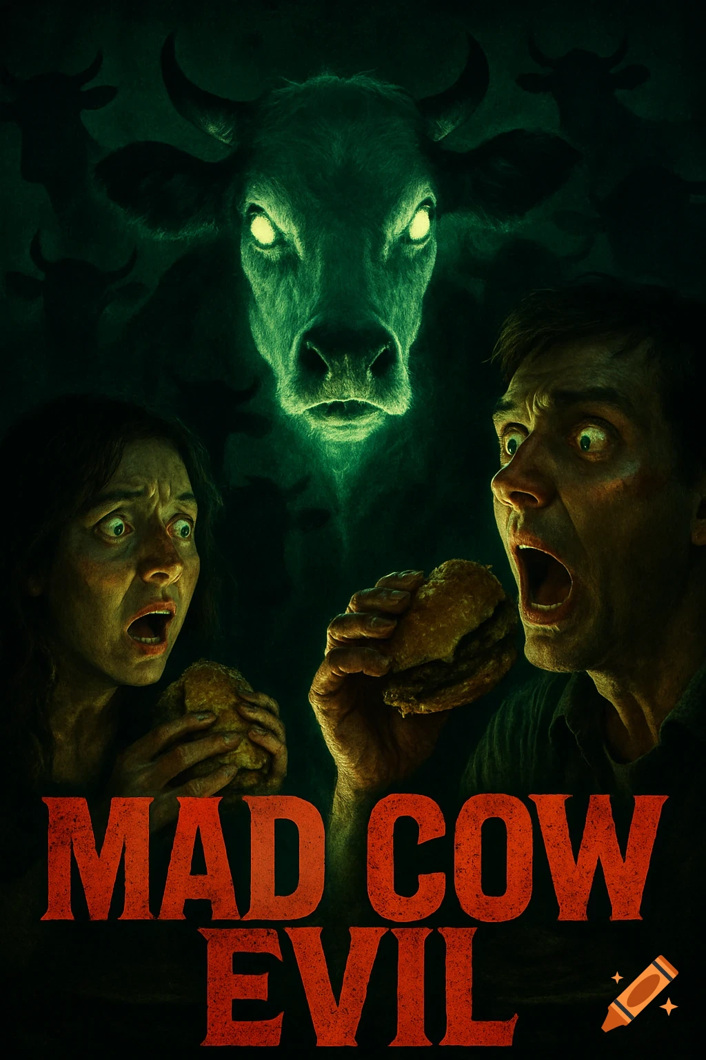 Horror movie poster with a glowing green cow face above two terrified people eating burgers, text reads 'MAD COW EVIL'.