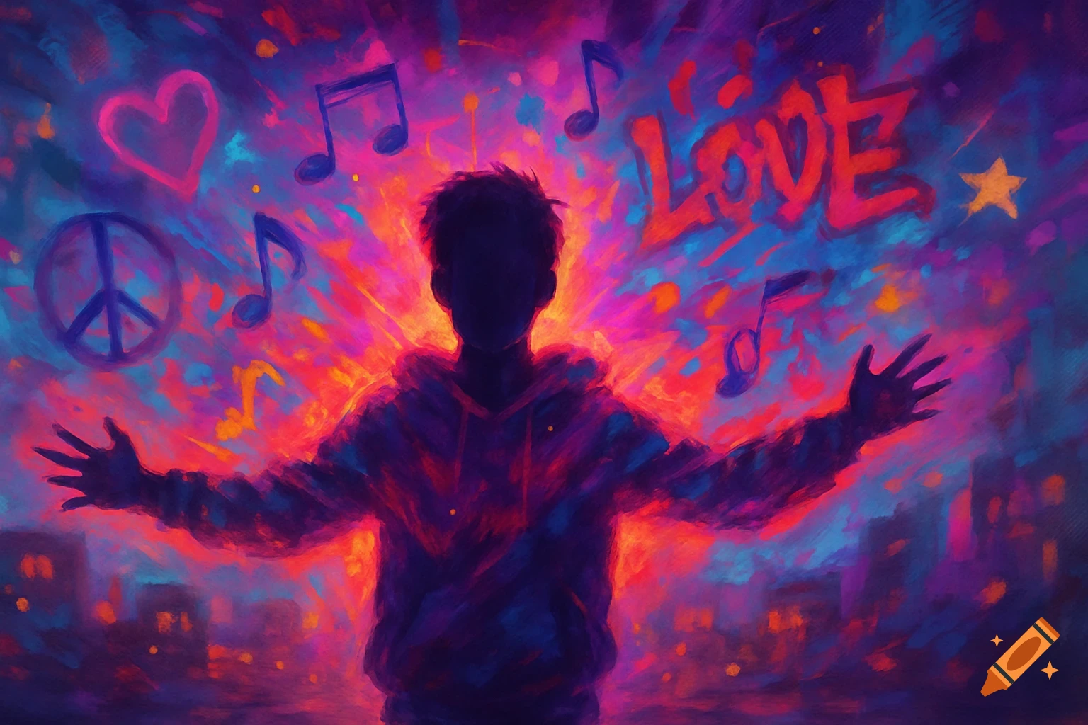 Abstract painting of a person's silhouette amidst vibrant colors, music notes, a heart, peace sign, star, and 'LOVE' text.
