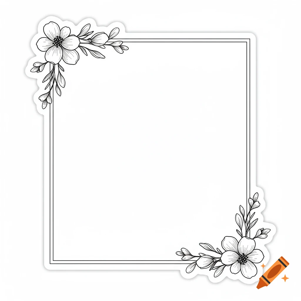 Minimalist white sticker with a thin black rectangular border decorated with delicate line-art flowers in two corners.