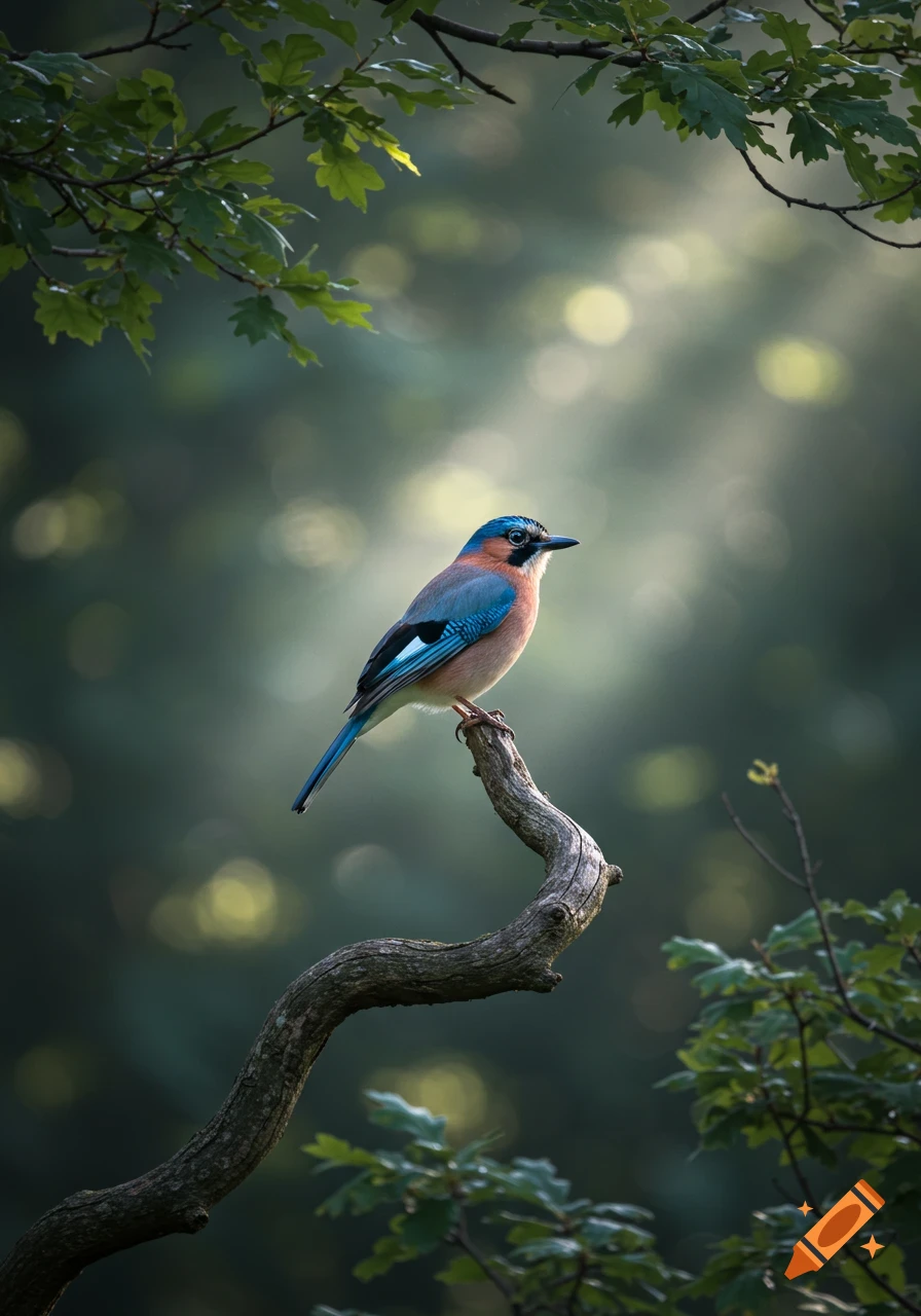 A colorful bird with blue, orange, and black markings perched on a twisted tree branch in a sun-dappled forest, photorealistic.