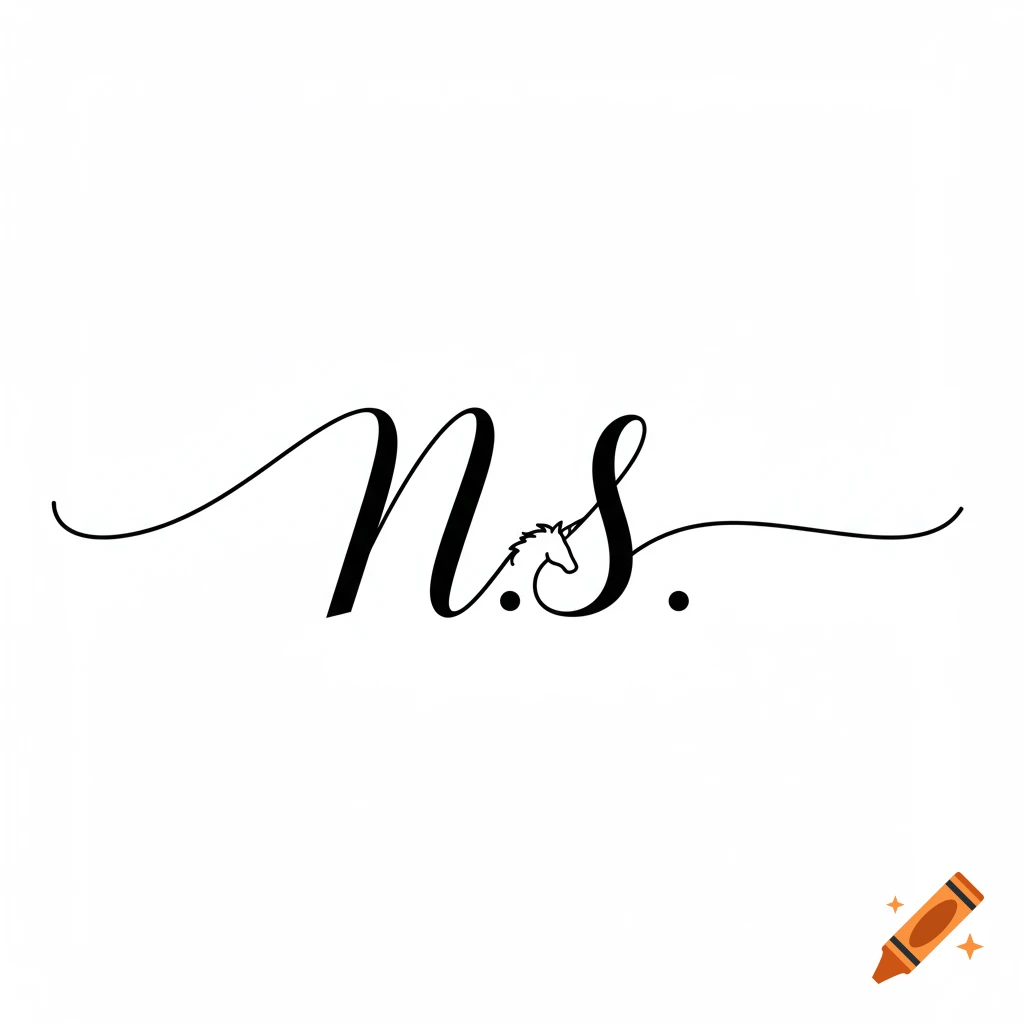 Elegant black script initials N.S. with a minimalist unicorn head integrated into the S on a white background.