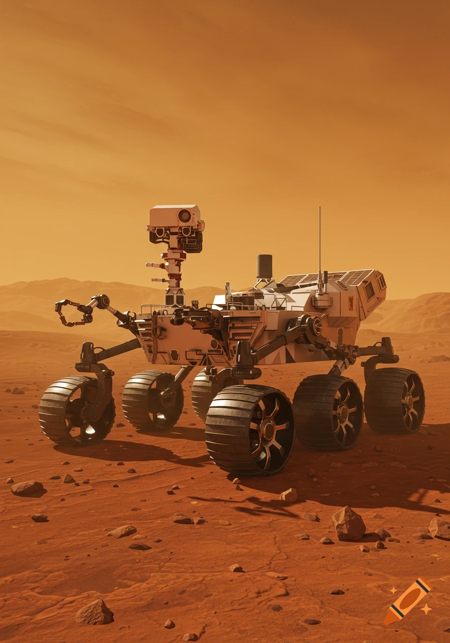 Detailed Mars rover with a robotic arm on a rugged, reddish Martian landscape under an orange sky.