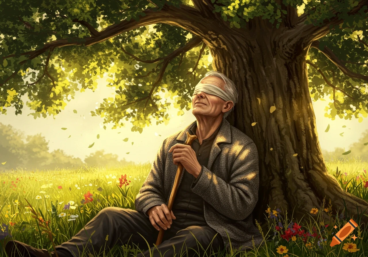 Illustration of an elderly blindfolded man leaning against a tree in a sun-drenched field of wildflowers.