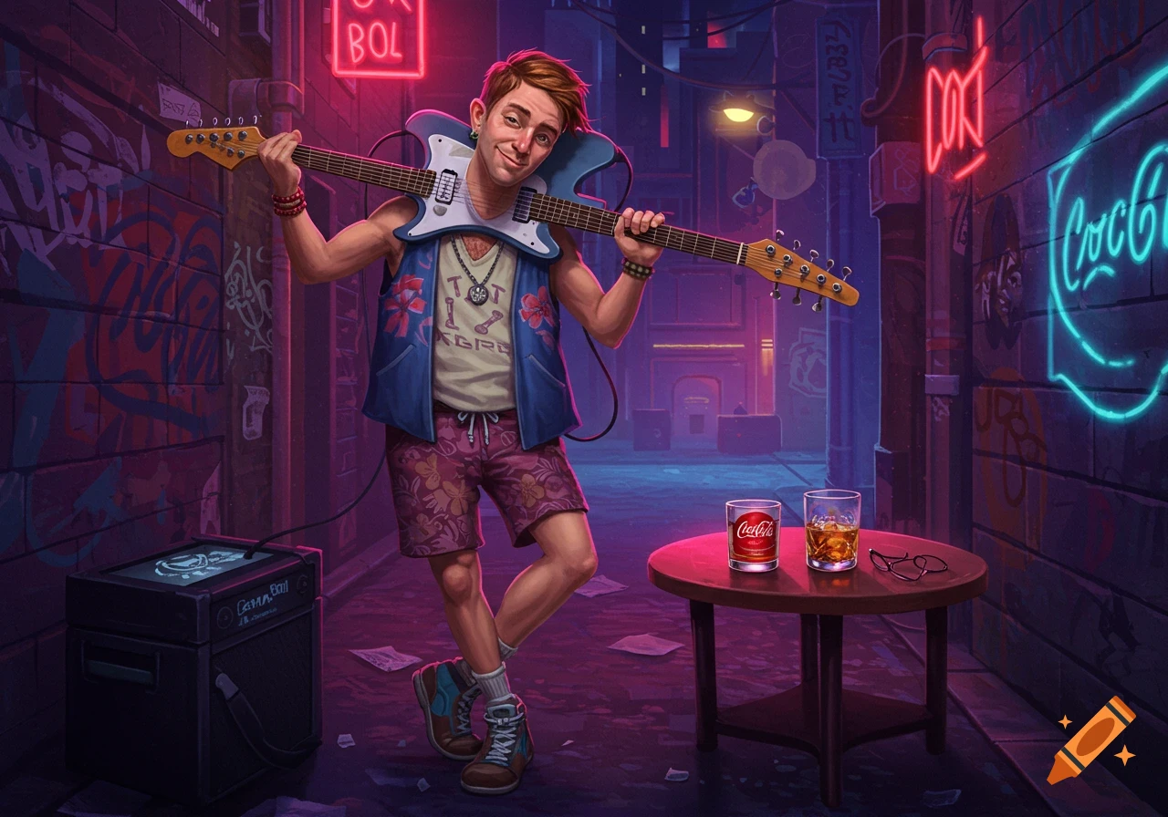 A smiling, eccentric male guitarist with red hair, wearing a blue vest and patterned shorts, holds his electric guitar over his shoulders in a neon-lit alleyway. A small table with Coca-Cola and a drink, and an amplifier are next to him. Graffiti covers the brick walls.