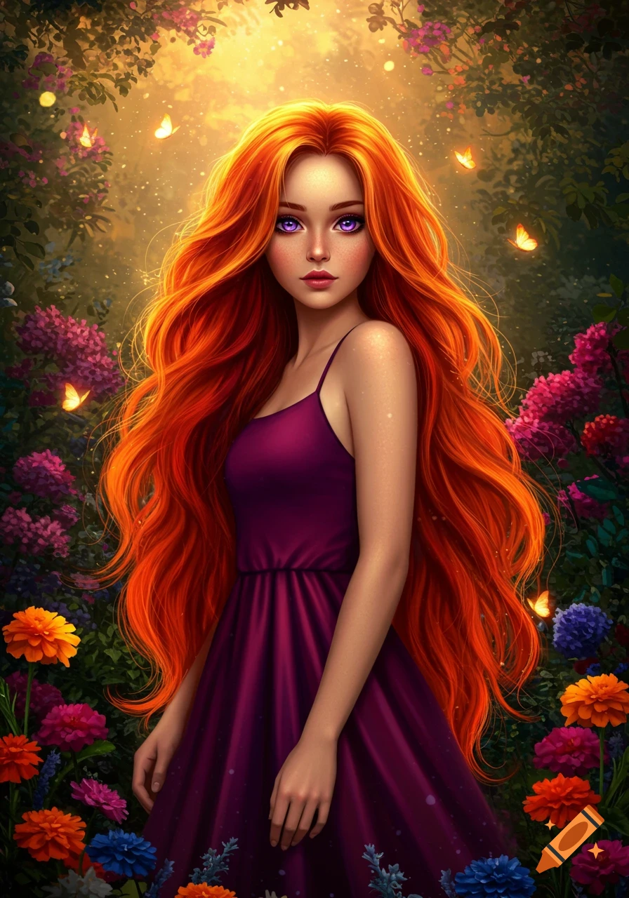 A magical digital illustration of a girl with long red hair and purple eyes in a vibrant flower garden with butterflies.