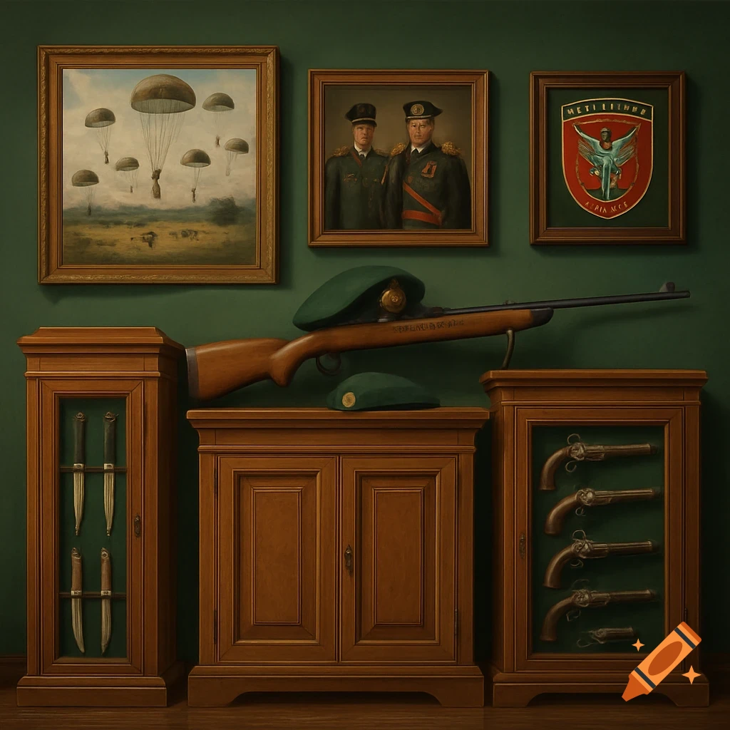 A green wall displays military memorabilia: a rifle with green berets, framed paintings of paratroopers and officers, and a special ops emblem above wooden cabinets holding knives and pistols.
