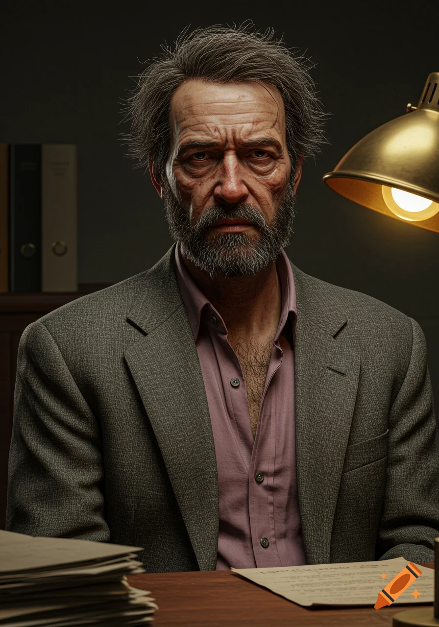 Photorealistic portrait of a stern, bearded man with messy hair, wearing an unbuttoned pink shirt and grey suit, at a desk.