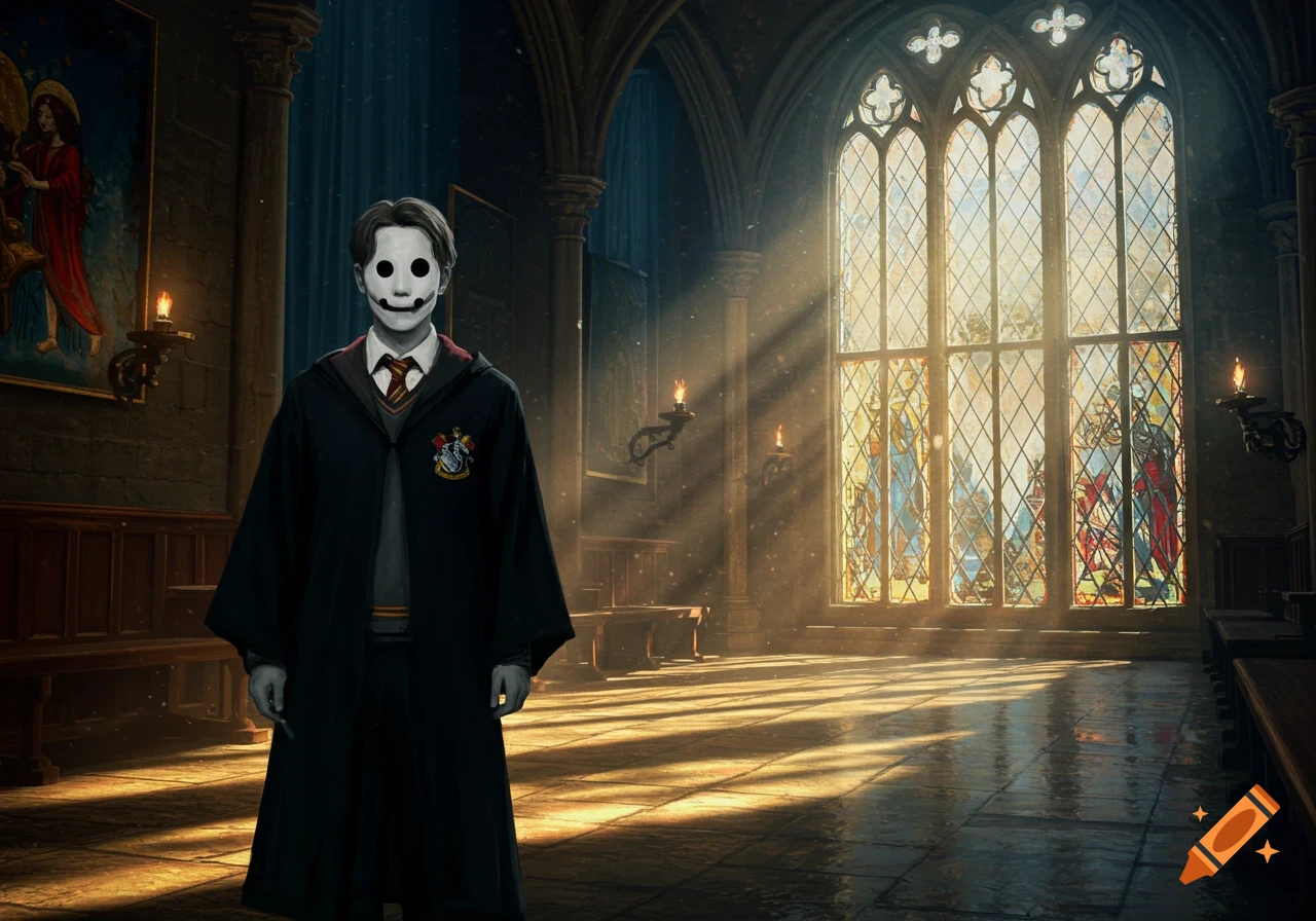A student in a dark robe and a white mask stands in a sunlit, grand hall with stained-glass windows.