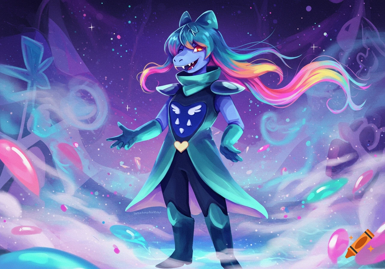 Blue reptilian character with rainbow hair in a blue and teal outfit, standing in a magical, starry purple environment with floating shapes. Stylized illustration.