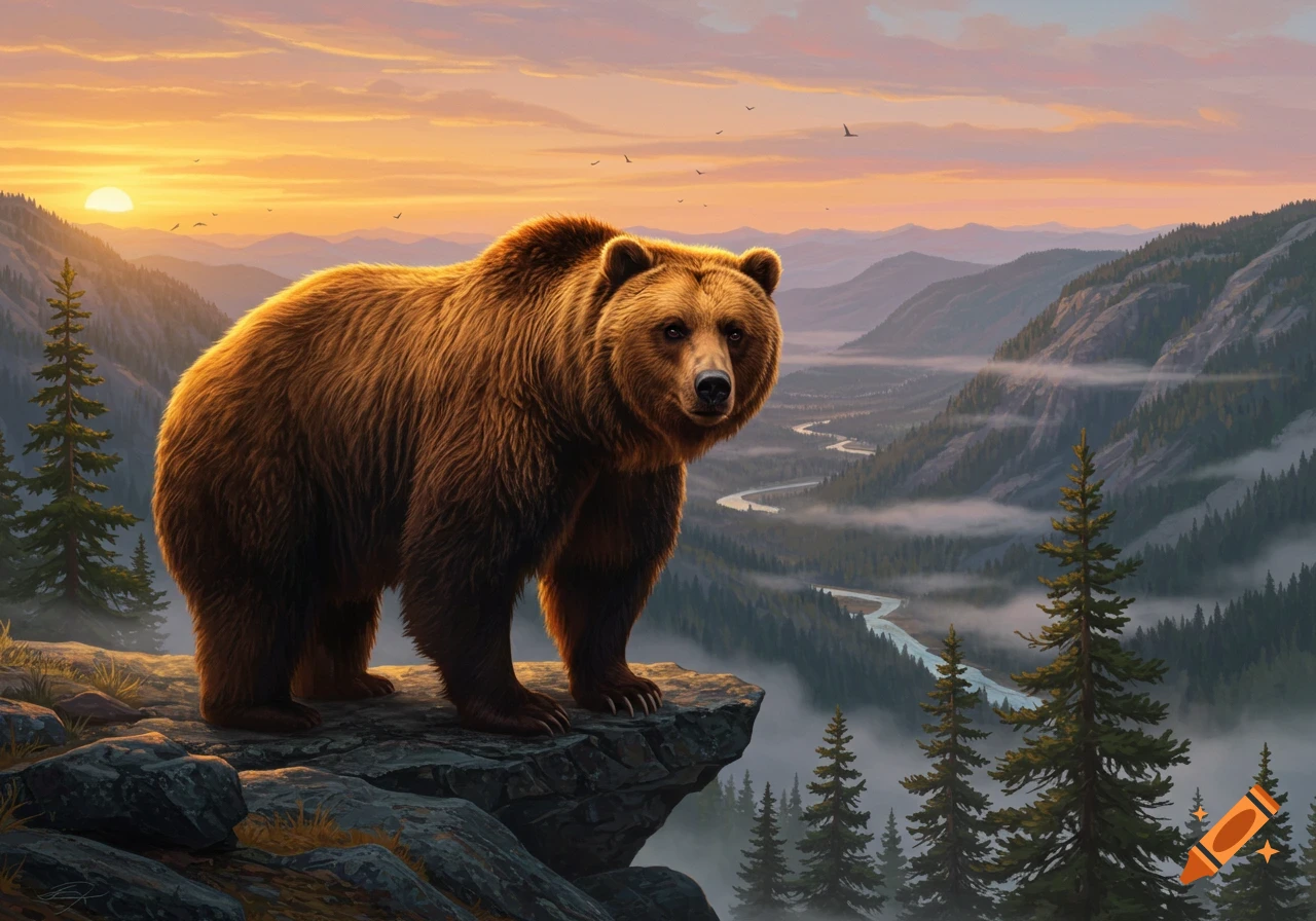 A realistic brown bear stands on a rocky cliff, looking out over a vast, misty mountain valley with a river at sunset.