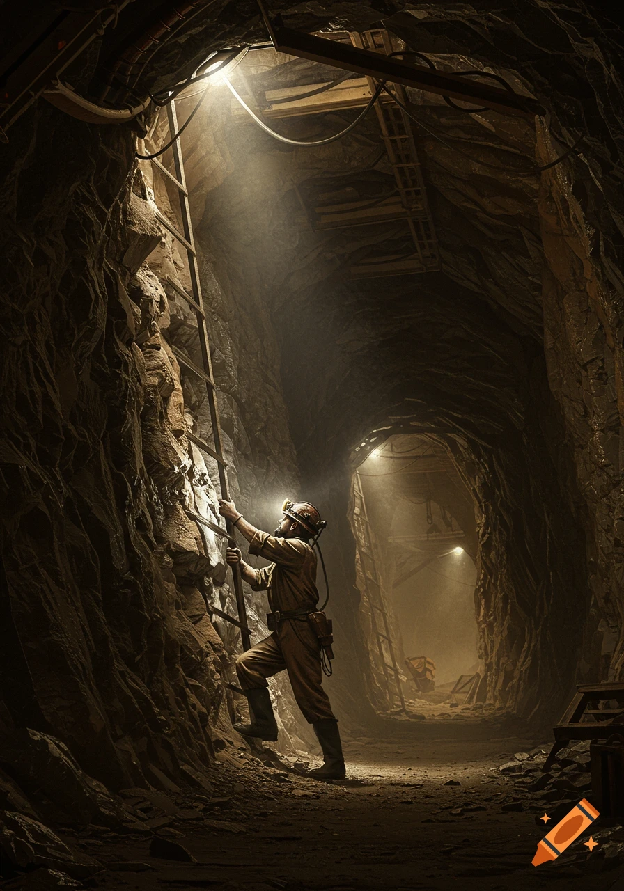 A photorealistic image of a miner climbing a ladder in a dark, dusty mine tunnel, illuminated by his headlamp and overhead lights.