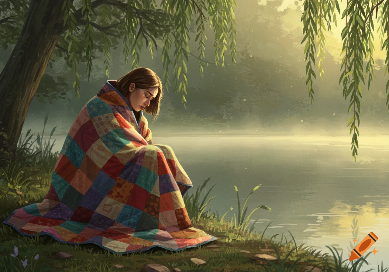 Illustrative portrait of a sad woman wrapped in a colorful quilt, sitting by a misty lake under a willow tree at dawn.