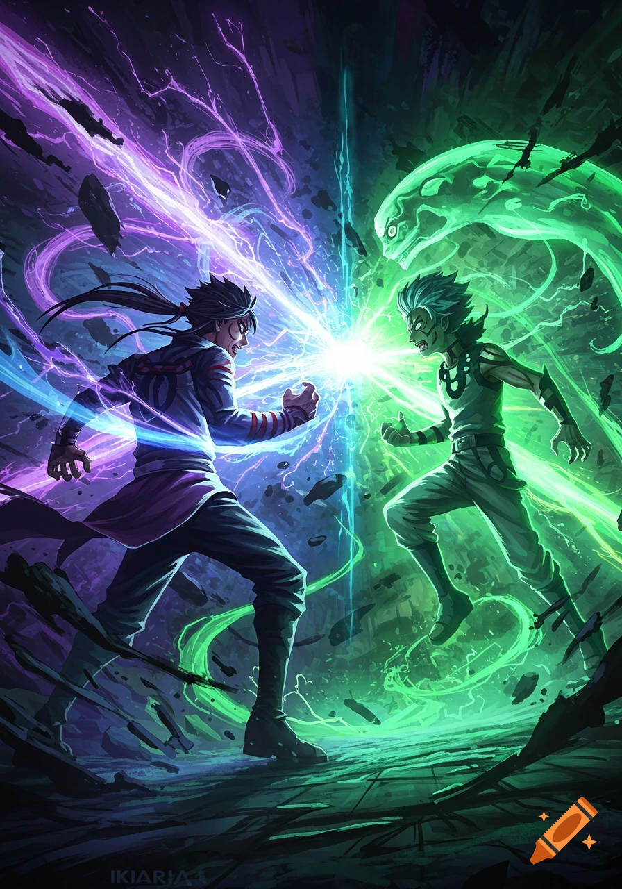 Two anime-style characters, one surrounded by purple energy and the other by green, clash in a dynamic magical battle.