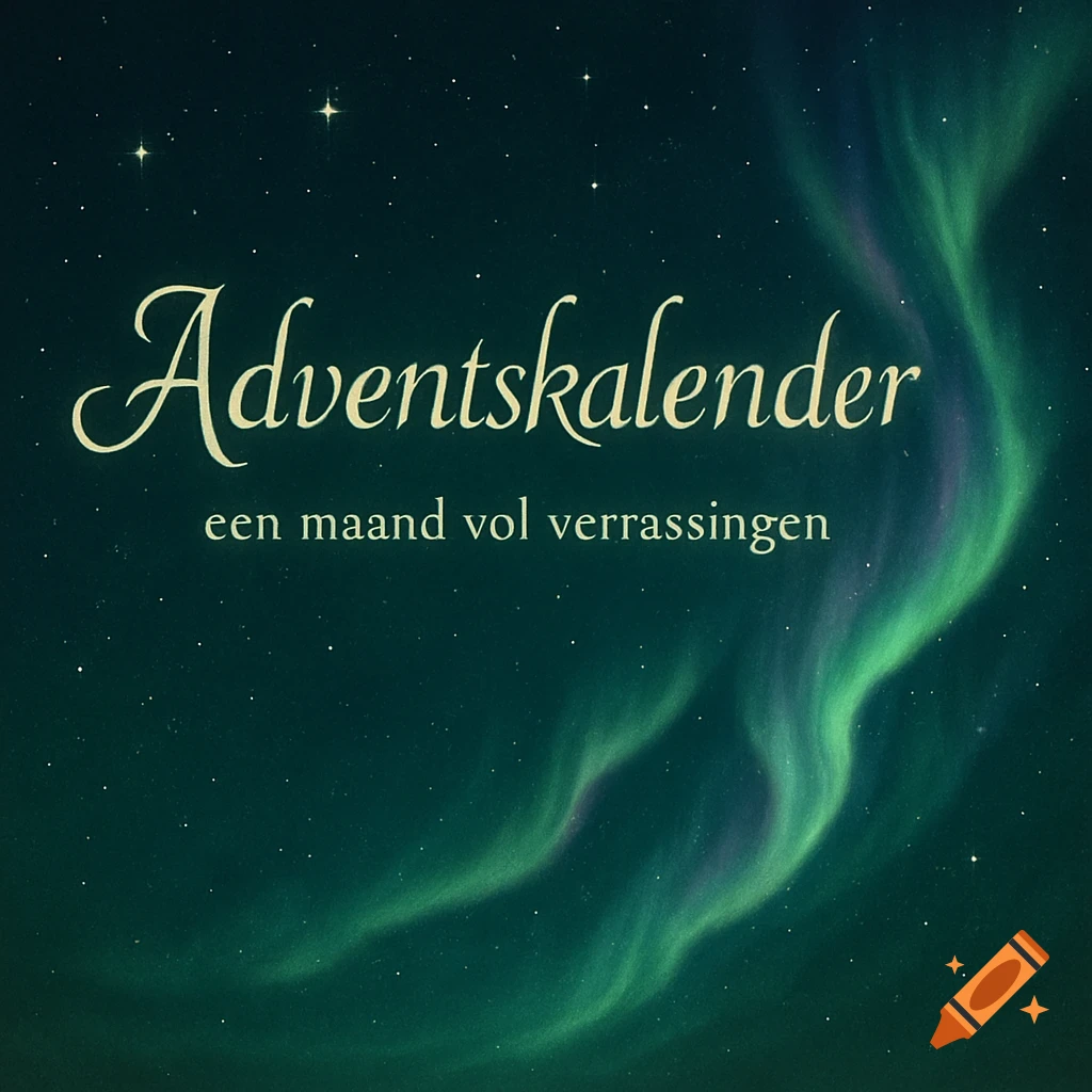 Elegant text 'Adventskalender' and 'een maand vol verrassingen' on a dark green night sky with sparkling stars and a green-purple aurora borealis.