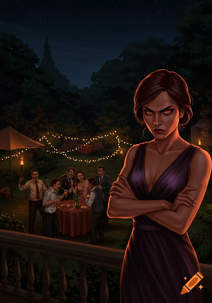 An angry woman with glowing red eyes on a balcony, arms crossed, watches a garden party at night, illustration.
