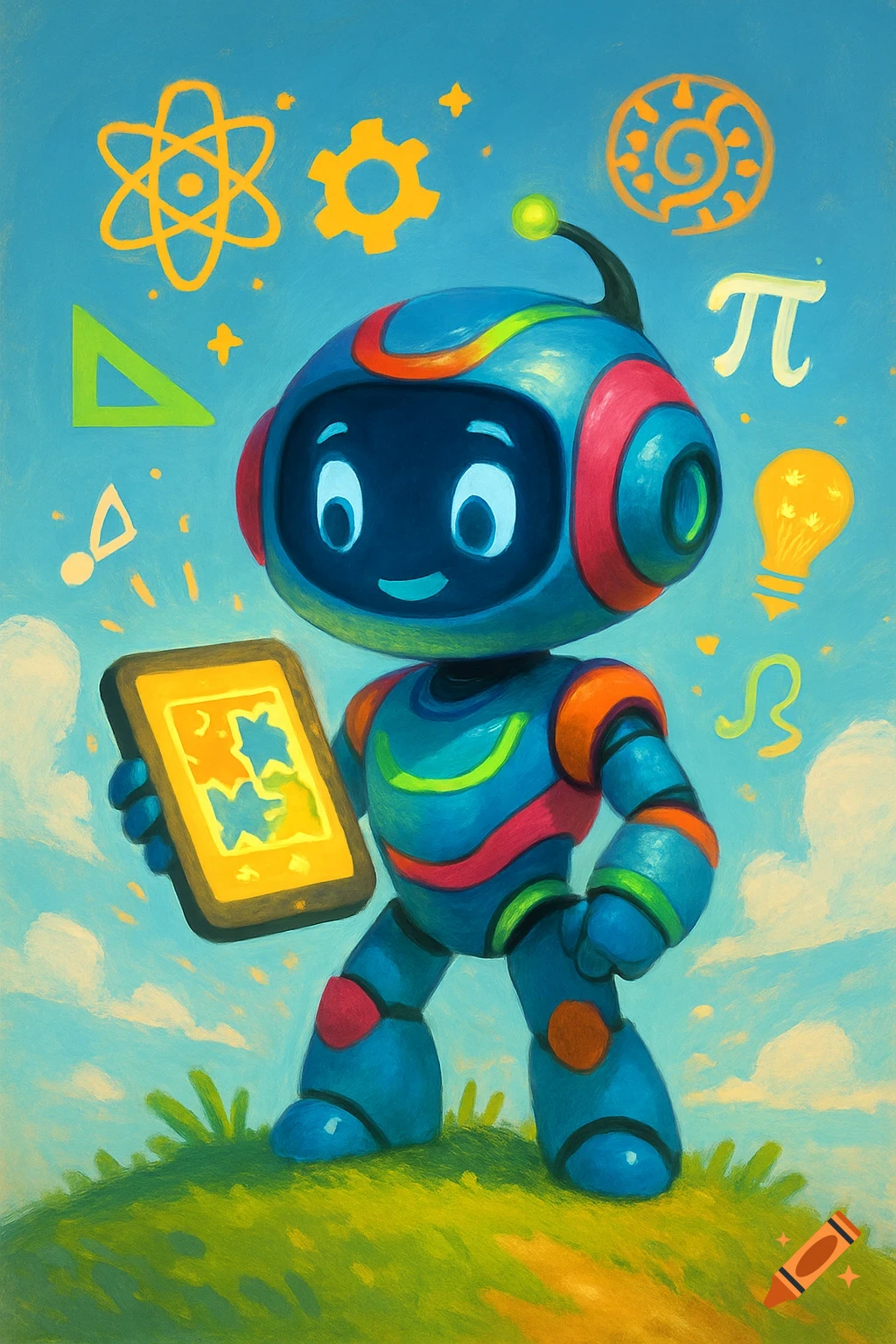A colorful, cartoonish robot on a grassy hill holds a tablet, surrounded by science and math symbols under a blue sky.