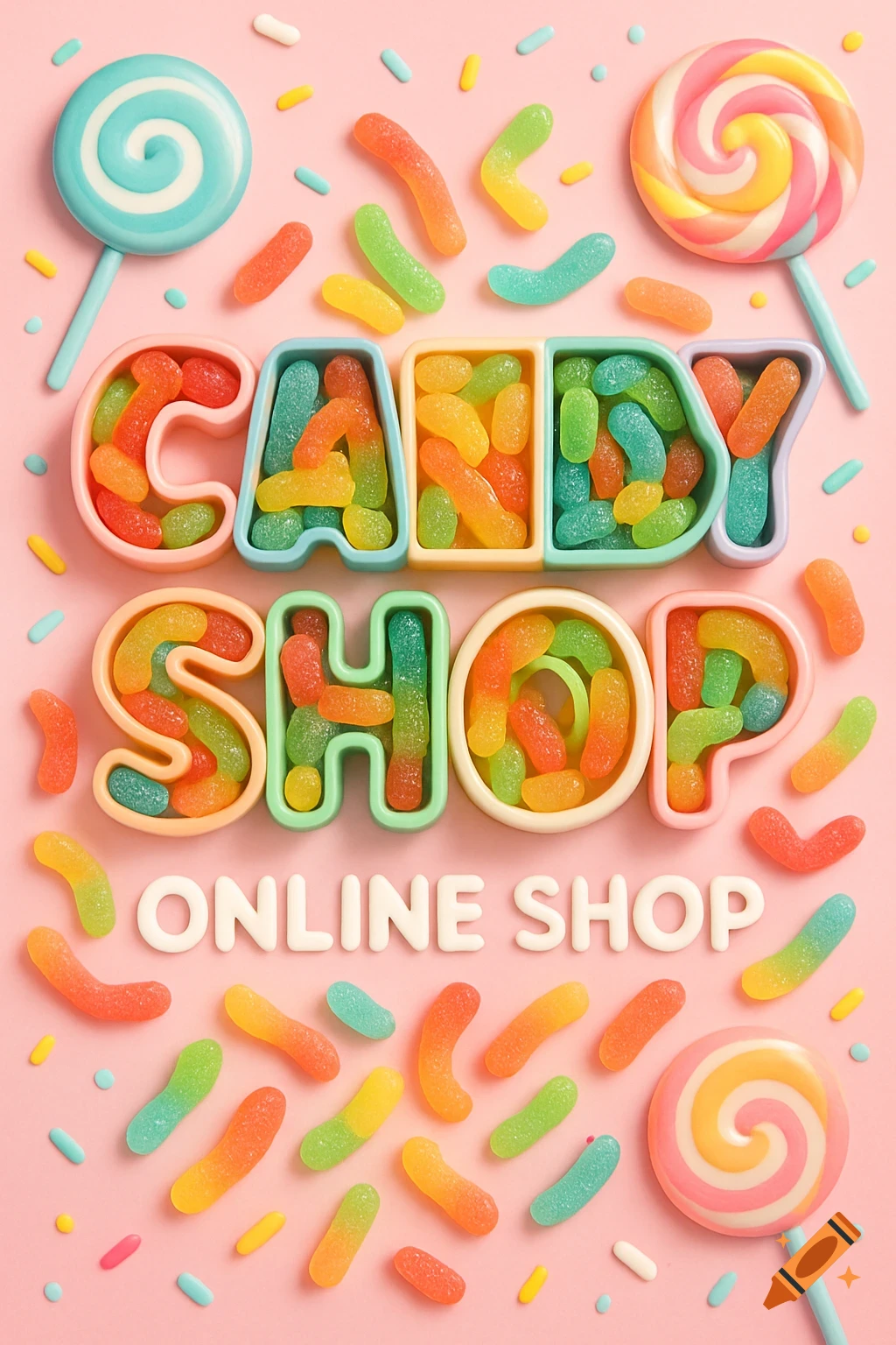 Colorful gummy candies, lollipops, and sprinkles on a pink background, with 'CANDY SHOP ONLINE SHOP' text formed by candy-filled letters.