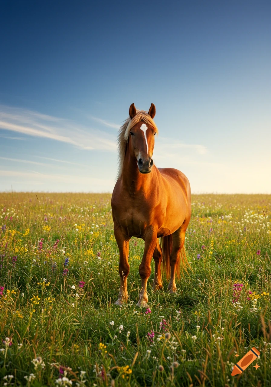 A brown horse with a blonde mane and a white blaze stands in a field of colorful wildflowers under a bright blue sky.