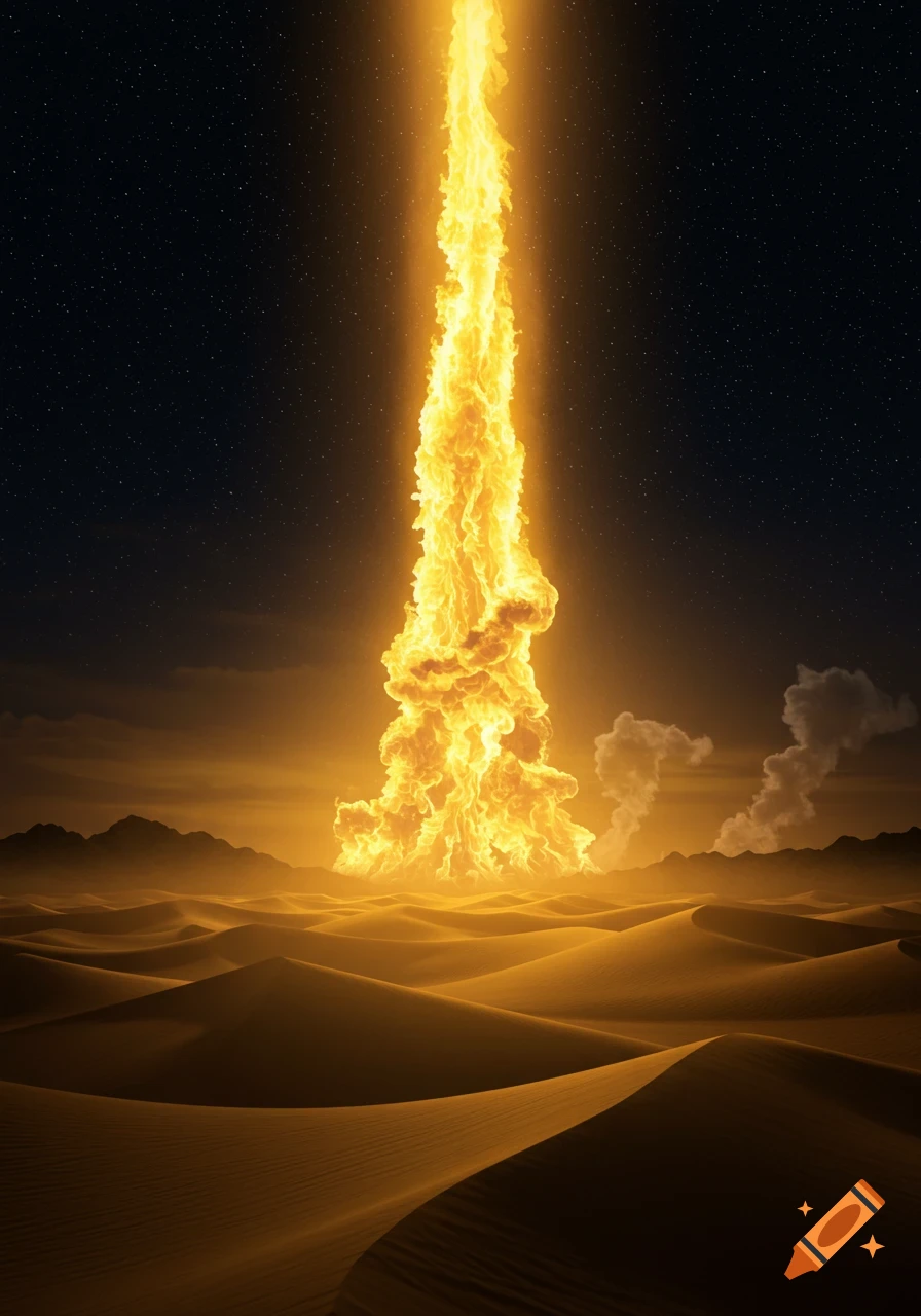 A massive pillar of golden fire rises from a vast desert landscape under a starry night sky.
