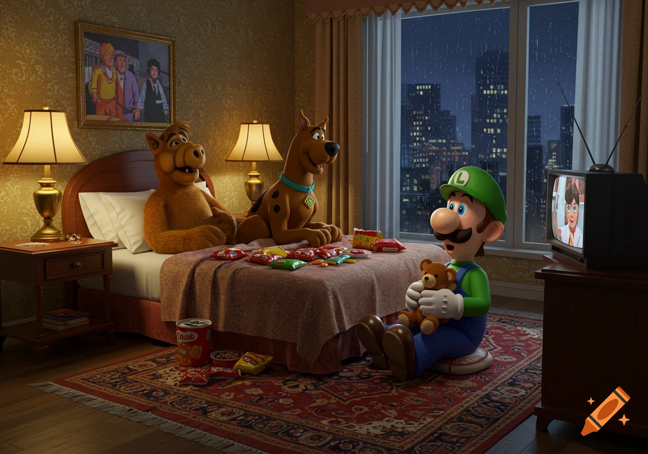 Alf and Scooby-Doo sit on a bed with snacks in a hotel room while Luigi, holding a teddy bear, sits on the floor watching TV. Rain falls outside the window.