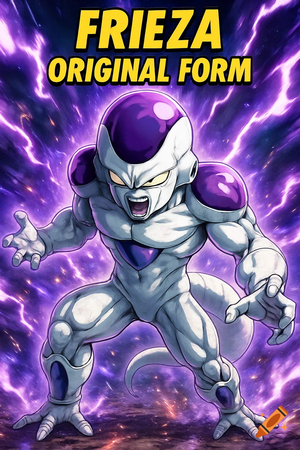 Frieza in his original form, posed dynamically with purple energy, in an anime style. Text reads 'FRIEZA ORIGINAL FORM'.