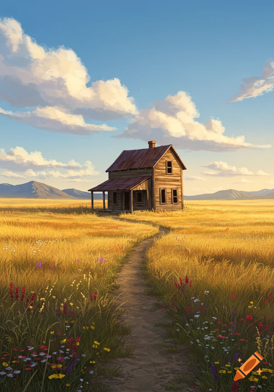 Painterly illustration of an old wooden house with a rusty roof in a golden field, with a path leading to it and mountains under a blue sky.