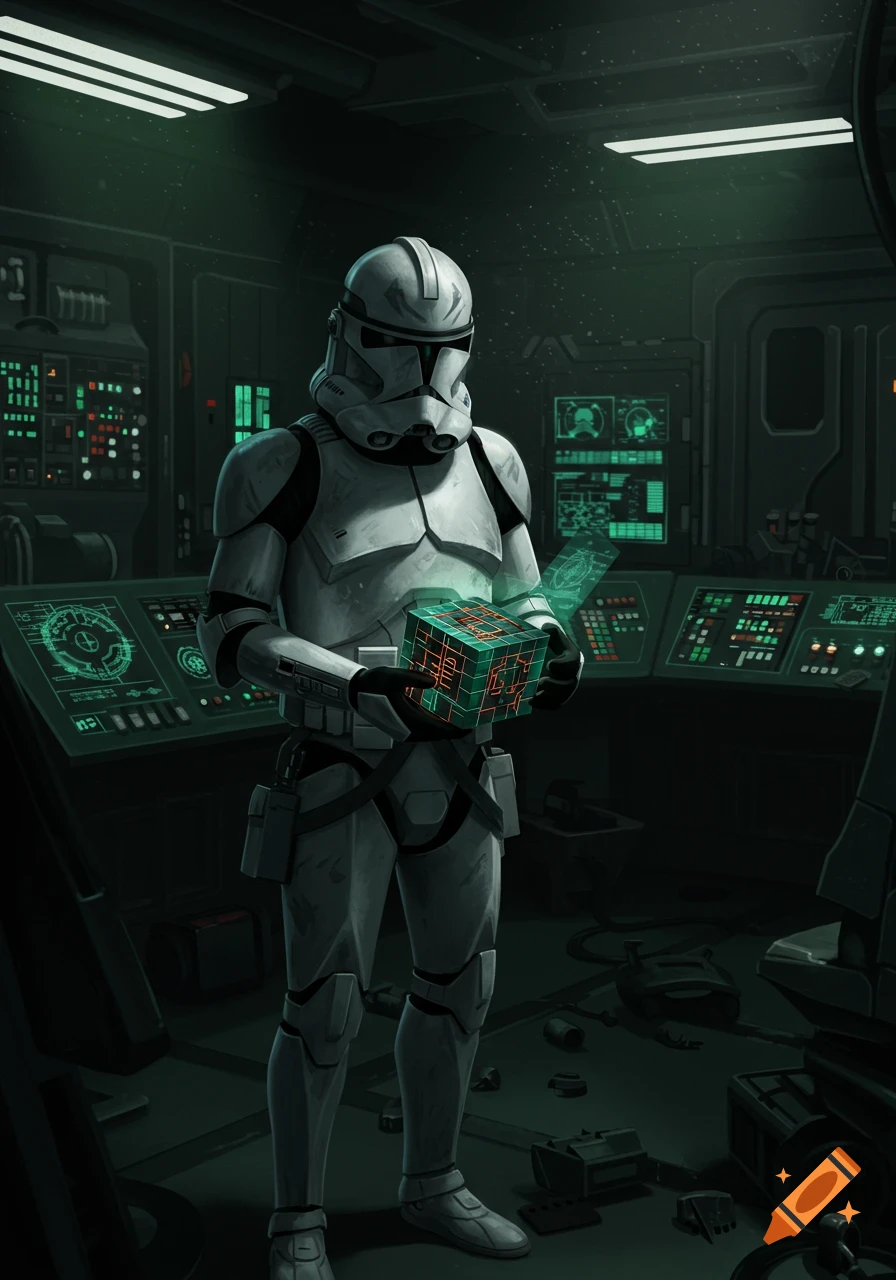 A clone trooper in a futuristic green-lit control room holds a glowing geometric puzzle box, looking confused.
