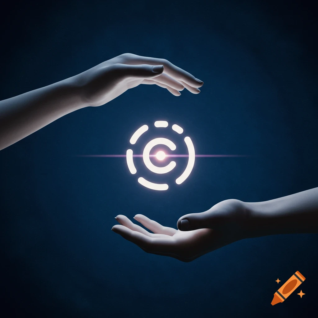 Two hands cupping a glowing, stylized symbol of a 'C' with dashed circles around it, against a dark blue background.