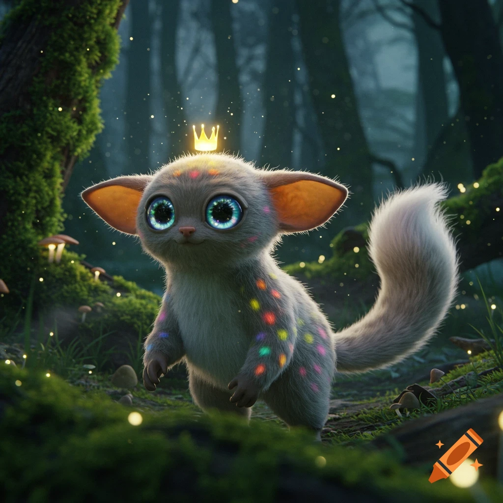 A cute, furry fantasy creature with large eyes, glowing colorful spots, and a golden crown in a mystical forest.