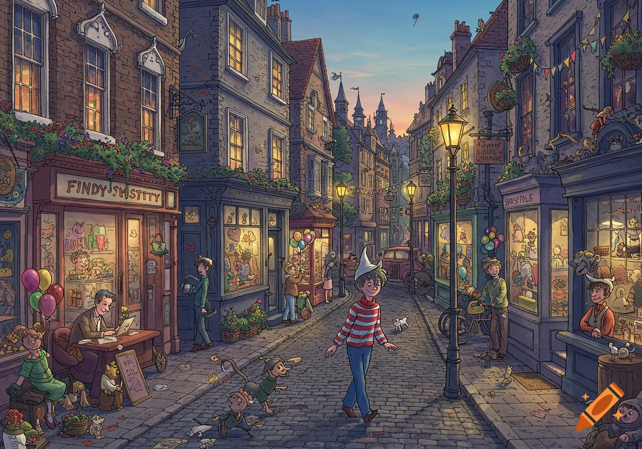 A whimsical, cartoon-style illustration of a bustling European street scene with many people and detailed shopfronts, in the style of Where's Wally.