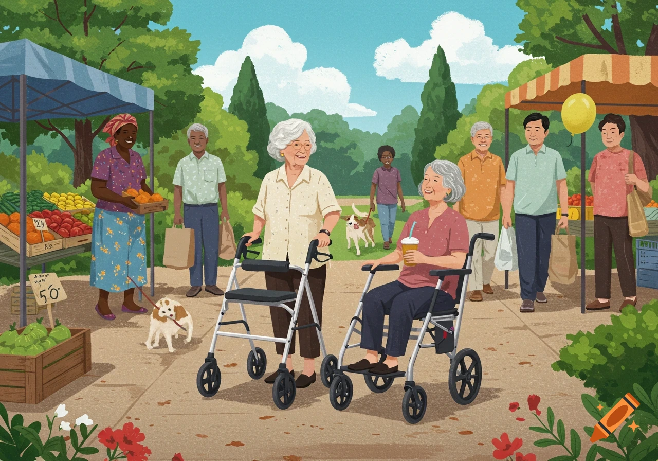 An illustration of a lively outdoor market with diverse people, including two elderly women with walkers, surrounded by market stalls and trees.