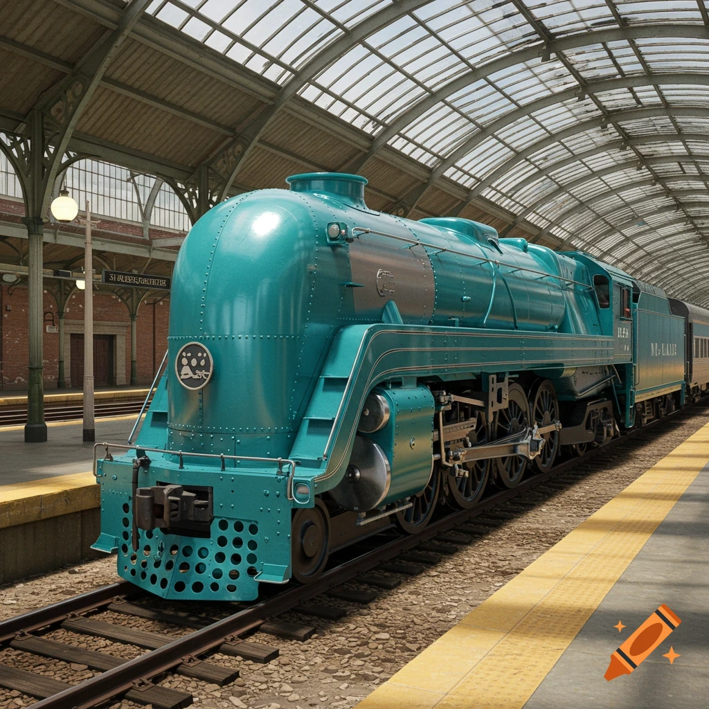 A large, aquamarine American streamlined tender engine, a vintage steam locomotive, sits on tracks at a grand train station with a glass arched roof.