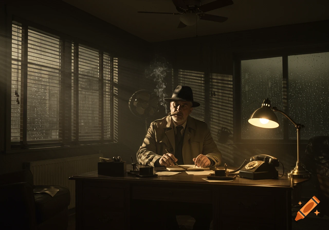 A man dressed as a detective, with a fedora and trench coat, sits at a desk in a dimly lit, rainy office, smoking a pipe. Photorealistic noir style.