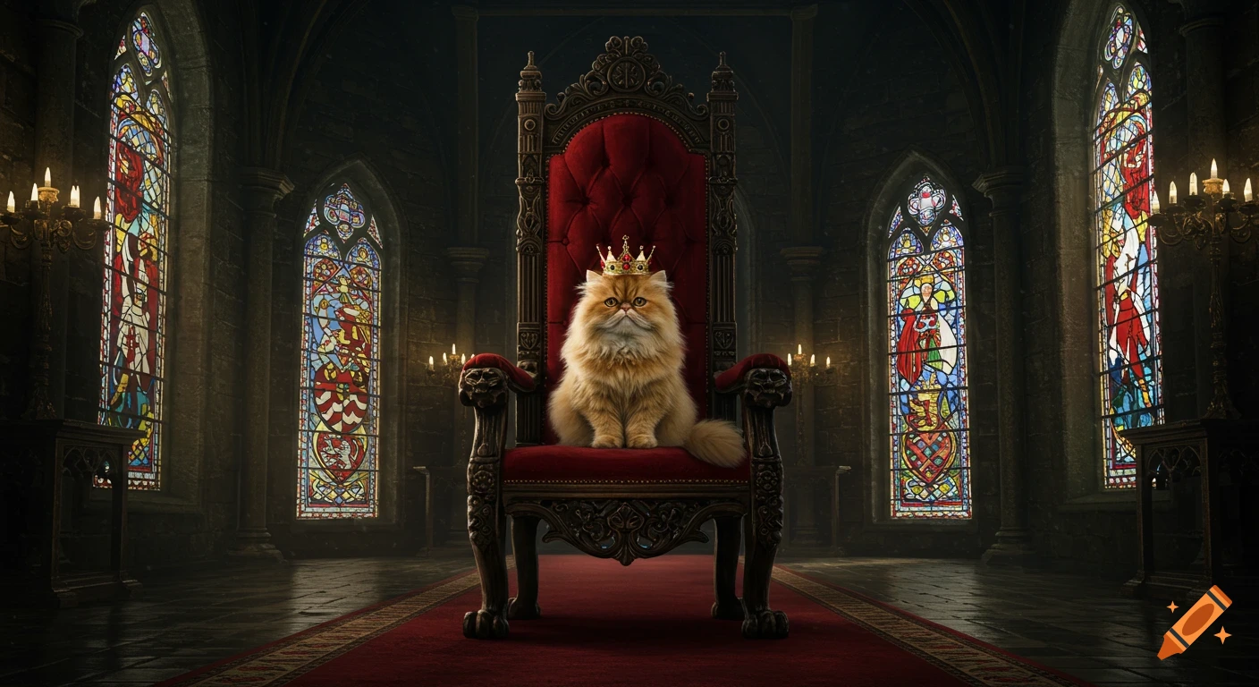 A fluffy orange Persian cat wearing a gold crown sits on an elaborate red velvet throne in a gothic castle with stained glass windows.
