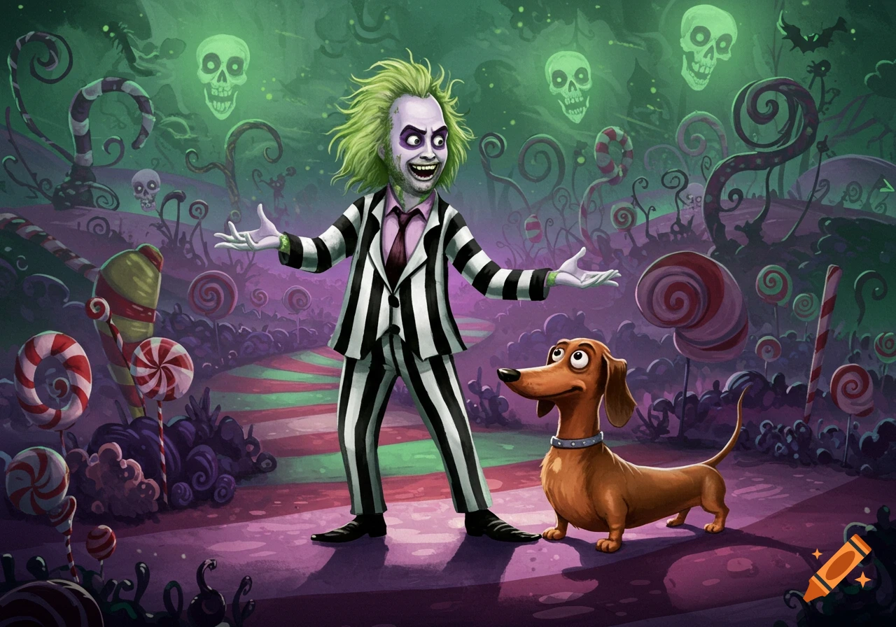 Cartoon Beetlejuice and a dachshund in a spooky candy land with lollipops and glowing skulls.