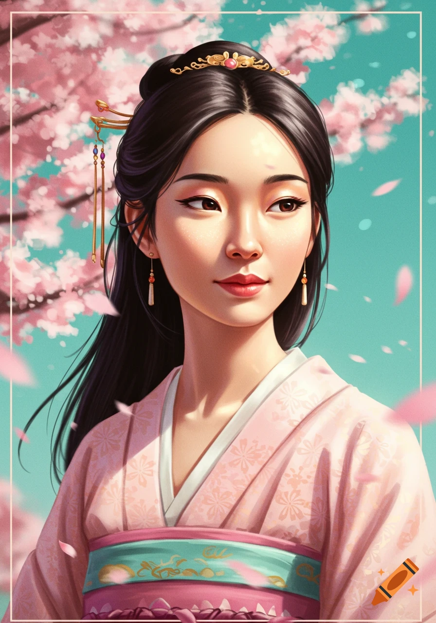 Portrait of an Asian woman in a pink kimono with a golden hairpiece, surrounded by cherry blossoms, digital art style.