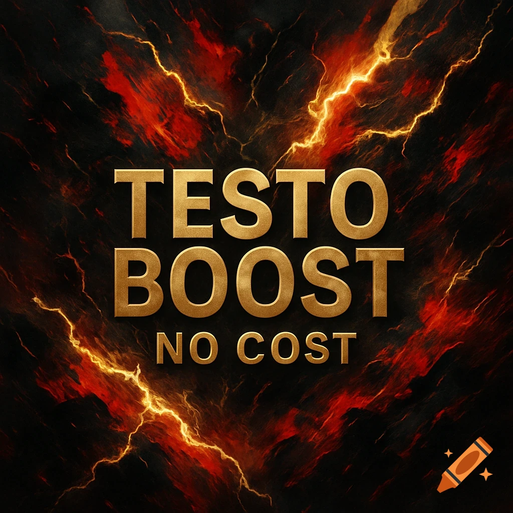 Golden text 'TESTO BOOST NO COST' on a dark background with red and gold lightning and fiery energy.