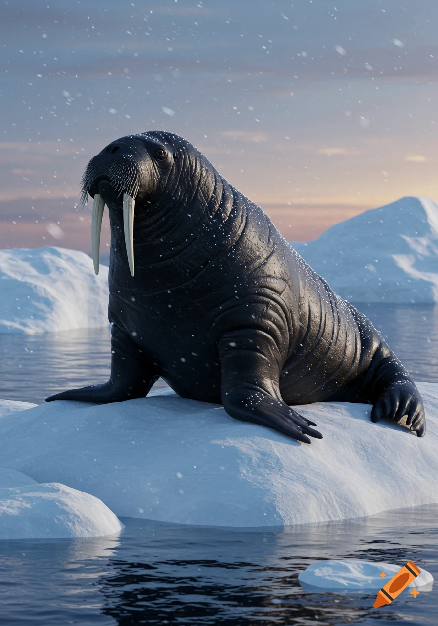 A photorealistic 3D walrus with large tusks sits on an ice floe in a snowy arctic environment at sunset.