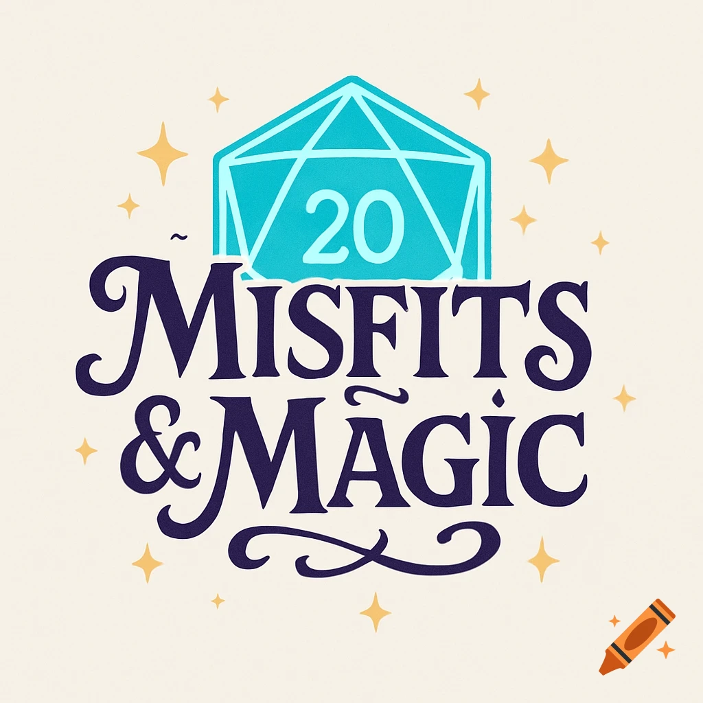 A logo for 'Misfits & Magic' featuring a teal d20 die showing the number 20, and decorative dark blue text with golden stars.