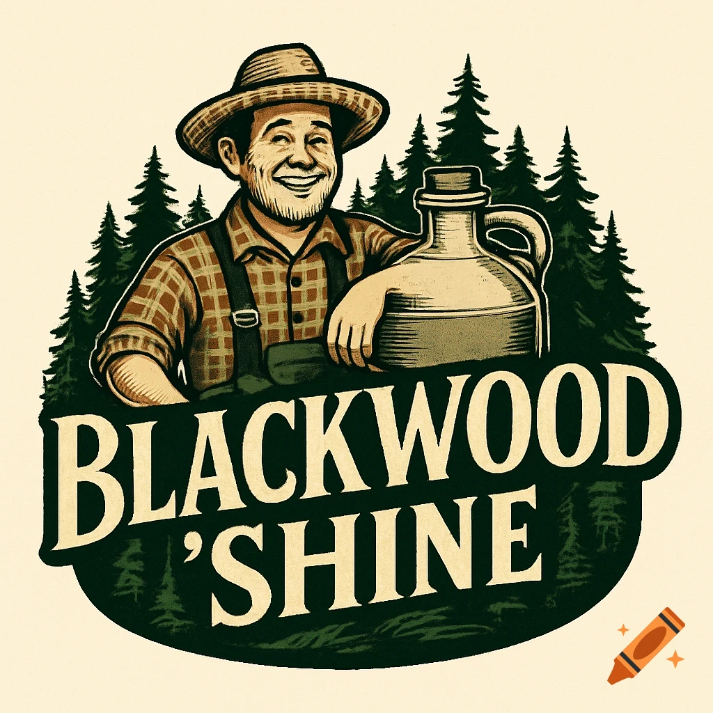 Illustrated logo of a smiling hillbilly in a hat and plaid shirt, leaning on a jug, with pine trees and 'BLACKWOOD 'SHINE' text.