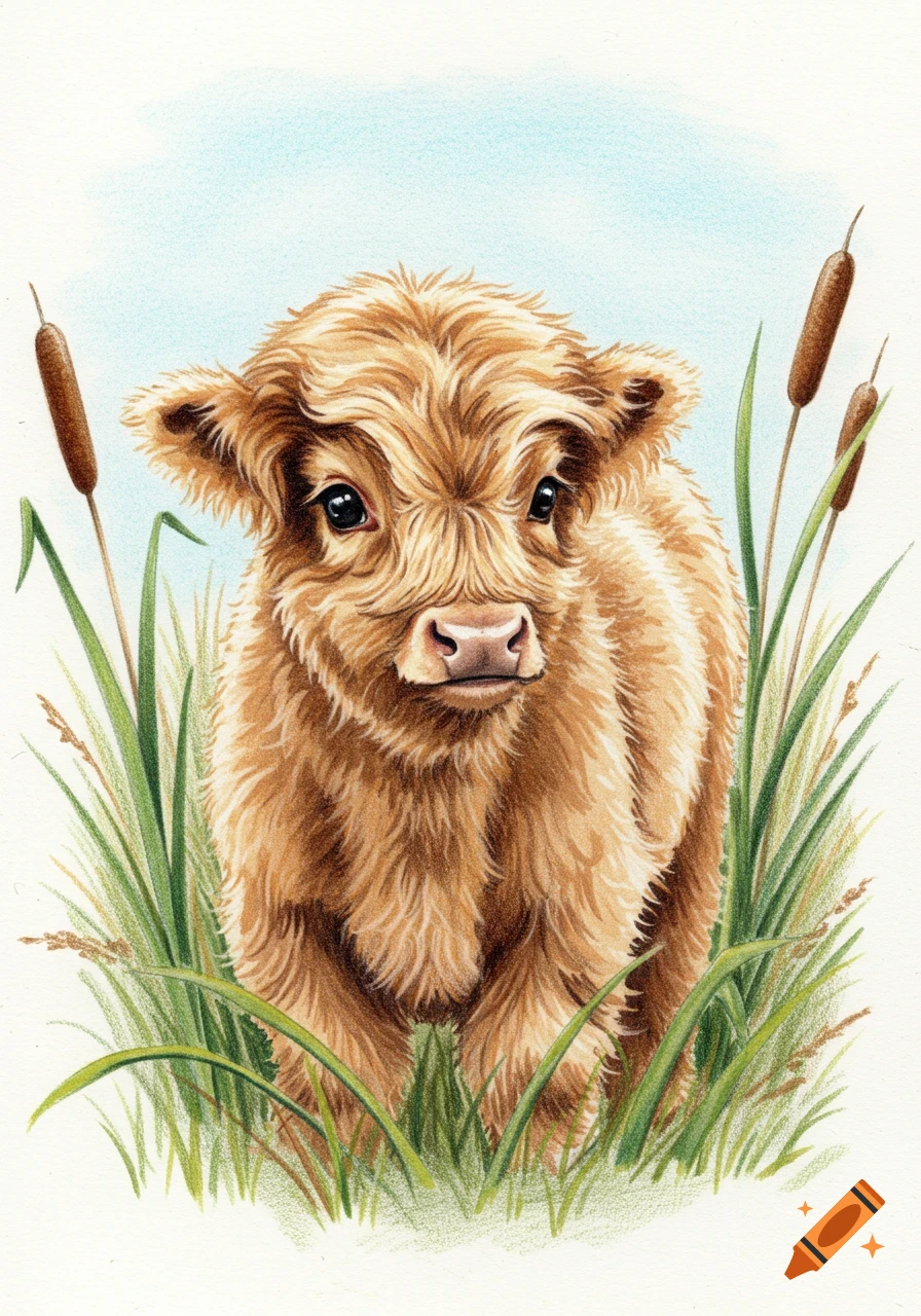 A cute fluffy baby Highland cow stands in tall green grass with cattails on a light blue background, in a colored pencil illustration.