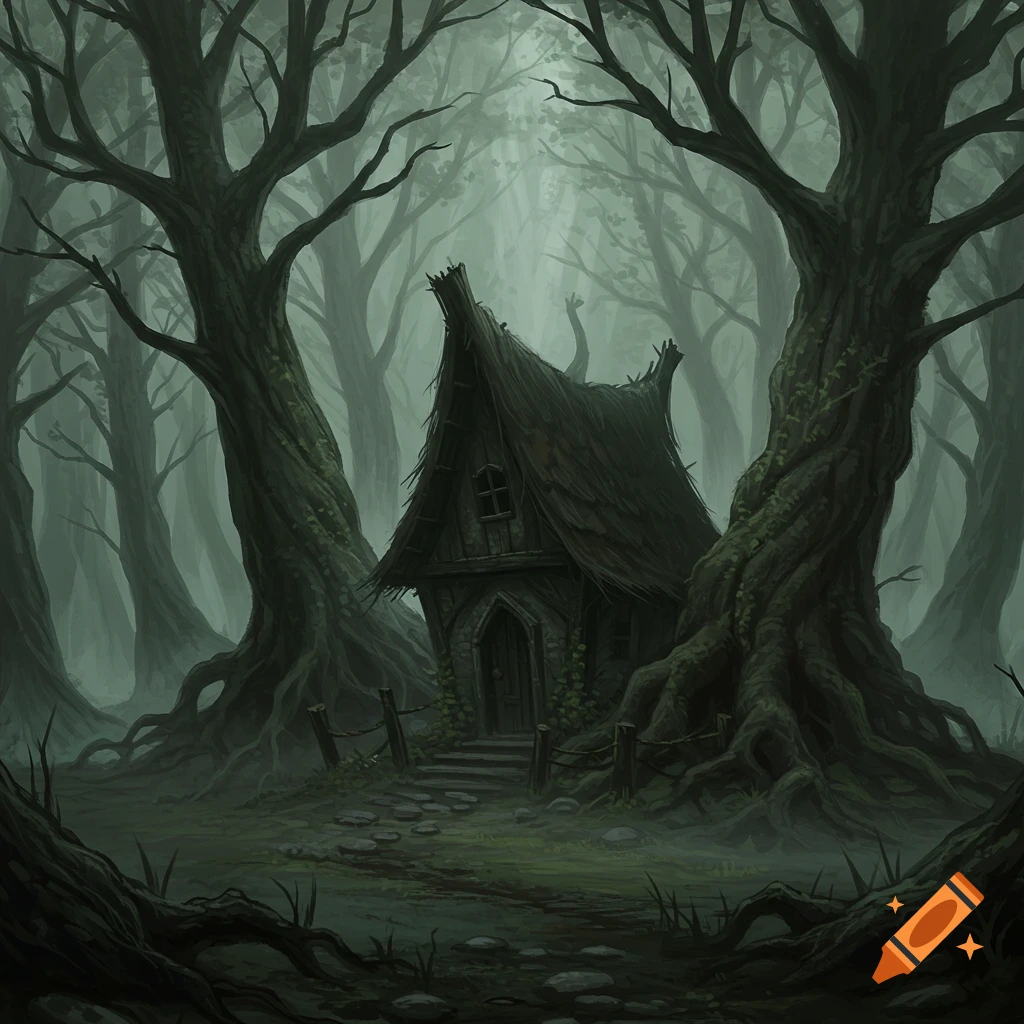 A dark, misty forest with a gnarled, spooky cottage nestled between two ancient, twisted trees, rendered in a fantasy art style.