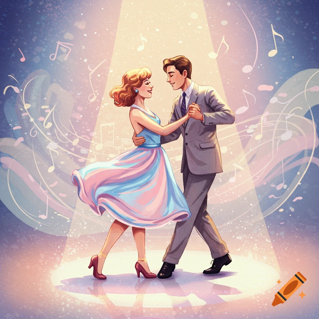 A smiling couple dances in a spotlight, surrounded by pastel musical notes in a whimsical, illustrative style.
