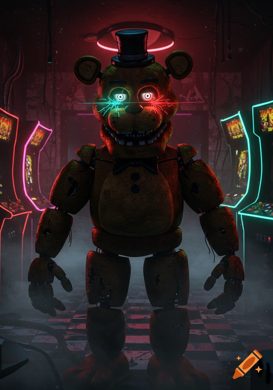 A creepy animatronic bear with glowing red and blue eyes stands in a dark, neon-lit arcade with arcade machines.