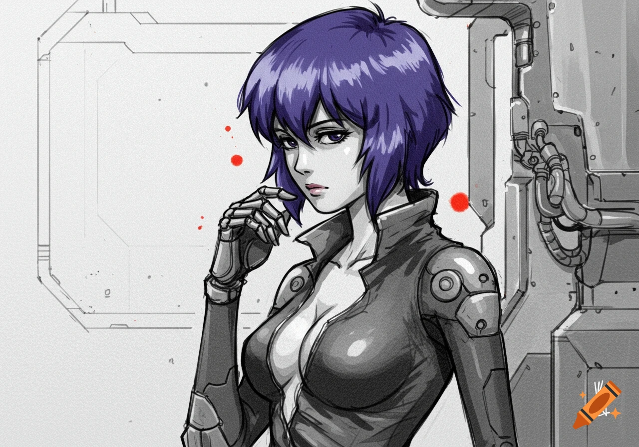 Pencil sketch of Major Motoko Kusanagi from Ghost in the Shell with purple hair and a cybernetic arm, wearing a futuristic suit, with selective color highlights.